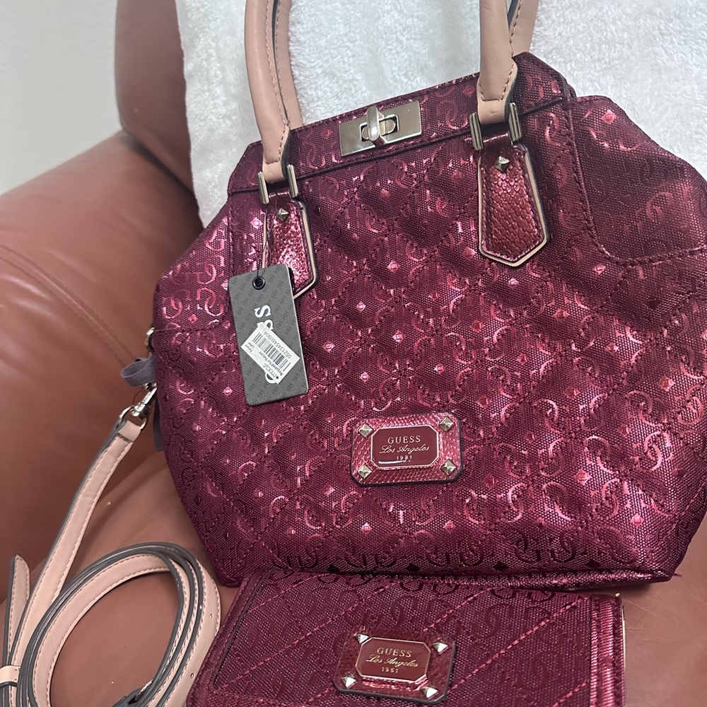 GUESS Maroon and Pink Shoulder Bag with matching wallet
